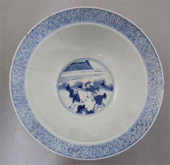 A Chinese blue and white flared bowl, Kangxi six character mark and of the period, 20cm diam., cracked